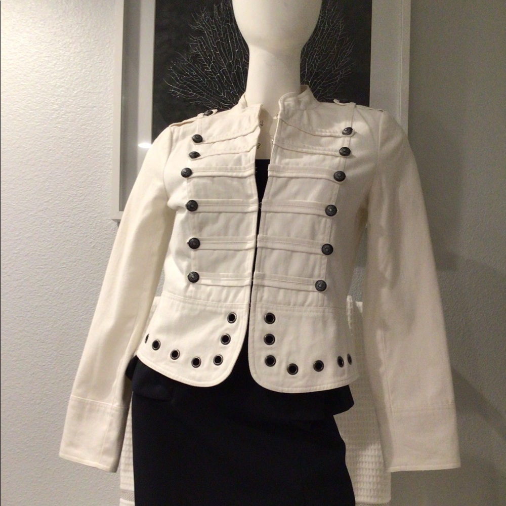 Off-white jacket with military inspired detailing.